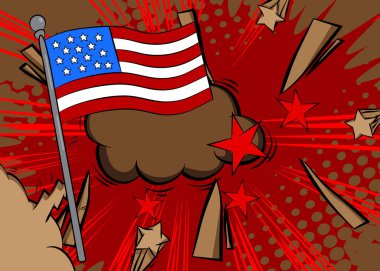 Çizgi film Amerikan Bayrağı, çizgi roman Bağımsızlık Günü. Retro vektör çizgi romanları pop sanat tasarımı.