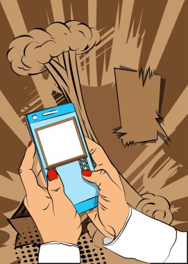 Çizgi film Smartphone, Billboard 'lu çizgi roman telefonu. Retro vektör çizgi romanları pop sanat tasarımı.