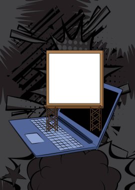 Çizgi dizüstü bilgisayar, Billboard 'lu çizgi roman defteri. Retro vektör çizgi romanları pop sanat tasarımı.