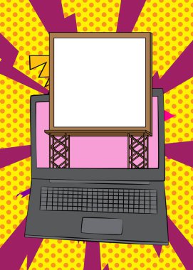 Çizgi dizüstü bilgisayar, Billboard 'lu çizgi roman defteri. Retro vektör çizgi romanları pop sanat tasarımı.