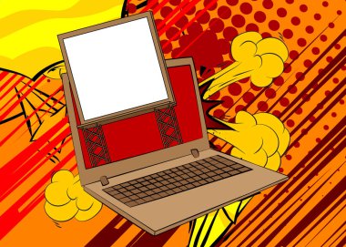 Çizgi dizüstü bilgisayar, Billboard 'lu çizgi roman defteri. Retro vektör çizgi romanları pop sanat tasarımı.