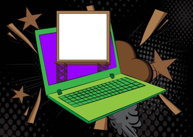 Çizgi dizüstü bilgisayar, Billboard 'lu çizgi roman defteri. Retro vektör çizgi romanları pop sanat tasarımı.