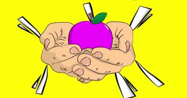 Çizgi film, çizgi roman, insan eli, elma. Retro video, çizgi roman pop sanat animasyonu.