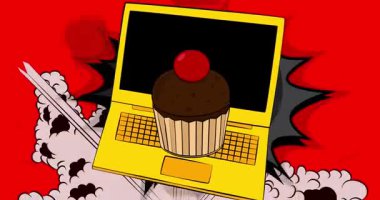 Çizgi dizüstü bilgisayar, Cupcake 'li çizgi roman defteri. Retro çizgi roman pop sanat animasyonu.