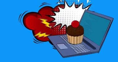 Çizgi dizüstü bilgisayar, Cupcake 'li çizgi roman defteri. Retro çizgi roman pop sanat animasyonu.