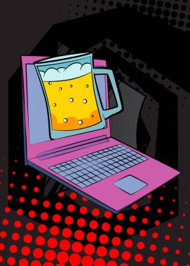 Çizgi dizüstü bilgisayar, bira bardaklı çizgi roman defteri. Retro vektör çizgi romanları pop sanat tasarımı.