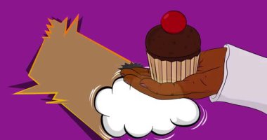 Çizgi film, çizgi roman insan eli Cupcake 'i tutuyor. Retro video, çizgi roman pop sanat animasyonu.
