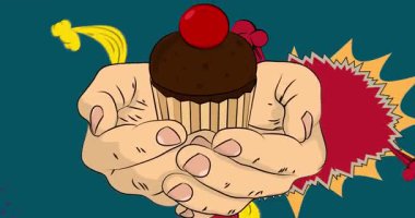 Çizgi film, çizgi roman insan eli Cupcake 'i tutuyor. Retro video, çizgi roman pop sanat animasyonu.