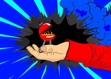 Çizgi roman, çizgi roman insan eli barbekü ızgarasında odun yakıyor. Retro vektör çizgi romanları pop sanat tasarımı.