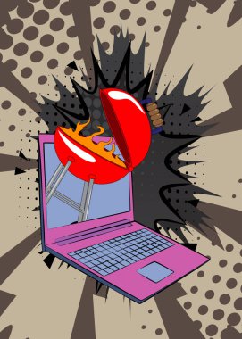 Çizgi dizüstü bilgisayar, barbekü ızgarasında odun yakan çizgi roman defteri. Retro vektör çizgi romanları pop sanat tasarımı.