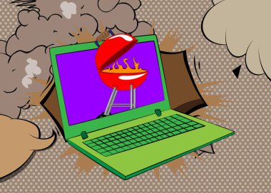 Çizgi dizüstü bilgisayar, barbekü ızgarasında odun yakan çizgi roman defteri. Retro vektör çizgi romanları pop sanat tasarımı.