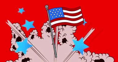 Boş konuşma balonlu çizgi film Amerikan Bayrağı, çizgi roman vatanseverlik videosu. Retro çizgi roman pop sanat animasyonu.