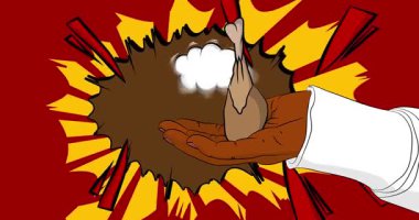 Çizgi roman, çizgi roman insan eli tavuk budu ve but tutuyor. Retro video, çizgi roman pop sanat animasyonu.