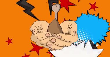 Çizgi roman, çizgi roman insan eli tavuk budu ve but tutuyor. Retro video, çizgi roman pop sanat animasyonu.