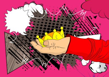 Çizgi film, çizgi roman insan eli Crown 'u tutuyor. Retro vektör çizgi romanları pop sanat tasarımı.