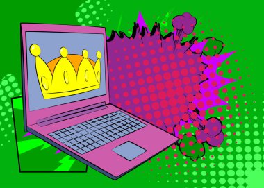 Dizüstü bilgisayar, Crown 'la çizgi roman defteri. Retro vektör çizgi romanları pop sanat tasarımı.