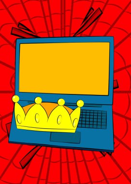 Dizüstü bilgisayar, Crown 'la çizgi roman defteri. Retro vektör çizgi romanları pop sanat tasarımı.