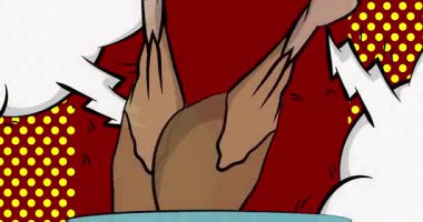 Comic Book Product sahne animasyonu tavuk budu ve but ile sunum için. Retro çizgi roman arkaplan videosu.