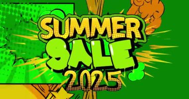 Çizgi roman, pop sanat, baloncuk, yaz indirimi 2025 metni. Çizgi roman hareketi grafikleri.