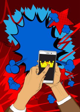 Çizgi film Smartphone, Crown 'la telefon çizgi romanı. Retro vektör çizgi romanları pop sanat tasarımı.