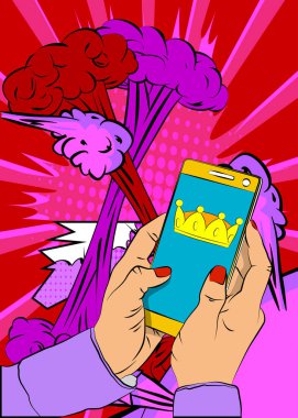 Çizgi film Smartphone, Crown 'la telefon çizgi romanı. Retro vektör çizgi romanları pop sanat tasarımı.