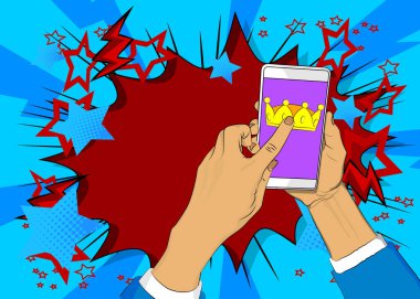 Çizgi film Smartphone, Crown 'la telefon çizgi romanı. Retro vektör çizgi romanları pop sanat tasarımı.