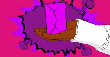 Çizgi film, çizgi roman insan elleri zarf tutuyor. Retro video, çizgi roman pop sanat animasyonu.