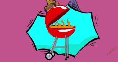 Barbekü ızgarasında çizgi film yanan odun, çizgi roman pişirme videosu. Retro çizgi roman pop sanat tasarımı animasyonu.