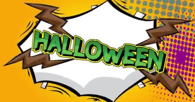 Çizgi roman, pop sanatı, baloncuklu Cadılar Bayramı mesajı. Çizgi roman hareketi grafikleri.