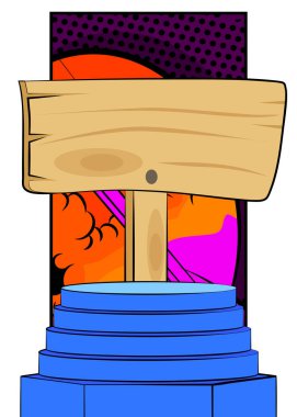 Çizgi roman ürünleri podyumu ahşap tabelalı sunum için. Retro çizgi roman arkaplanı.