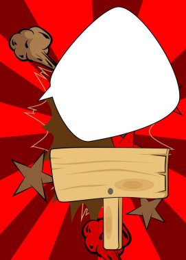 Boş konuşma balonlu karikatür tahtası, Rustik Plank arka planlı çizgi roman. Retro vektör çizgi romanları pop sanat tasarımı.