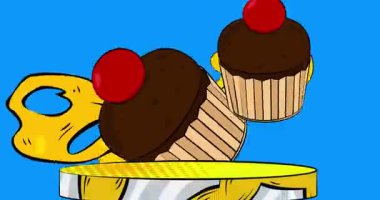 Cupcake 'in sunumu için Comic Book Product sahne animasyonu. Retro çizgi roman arkaplan videosu.