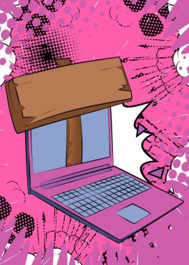 Çizgi dizüstü bilgisayar, tahta tabelalı çizgi roman defteri. Retro vektör çizgi romanları pop sanat tasarımı.