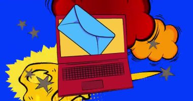 Dizüstü bilgisayar, Harf Zarflı Çizgi Roman Defteri. Retro çizgi roman pop sanat animasyonu.