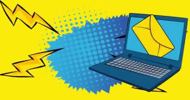 Dizüstü bilgisayar, Harf Zarflı Çizgi Roman Defteri. Retro çizgi roman pop sanat animasyonu.