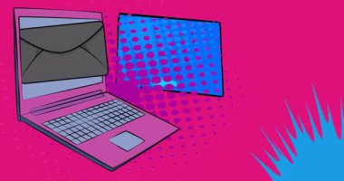 Dizüstü bilgisayar, Harf Zarflı Çizgi Roman Defteri. Retro çizgi roman pop sanat animasyonu.