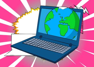 Dizüstü bilgisayar, Dünya gezegenli çizgi roman defteri. Retro vektör çizgi romanları pop sanat tasarımı.