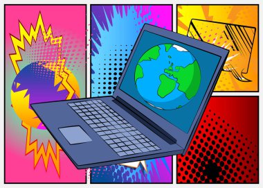 Dizüstü bilgisayar, Dünya gezegenli çizgi roman defteri. Retro vektör çizgi romanları pop sanat tasarımı.