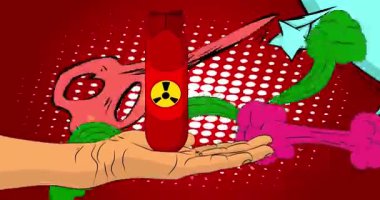 Çizgi film, çizgi roman, insan eli, füze bombası. Retro video, çizgi roman pop sanat animasyonu.