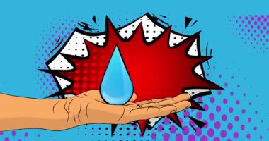 Çizgi film, çizgi roman insan eli su damlasını tutuyor. Retro video, çizgi roman pop sanat animasyonu.