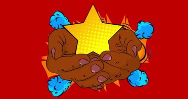 Çizgi film, çizgi roman insan eli Star 'ı tutuyor. Retro video, çizgi roman pop sanat animasyonu.