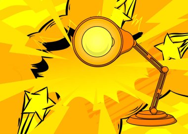 Çizgi roman ofis lambası, çizgi roman ekipmanları. Retro vektör çizgi romanları pop sanat tasarımı.