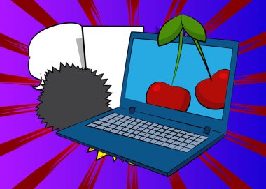 Çizgi dizüstü bilgisayar, Cherry ile çizgi roman defteri. Retro vektör çizgi romanları pop sanat tasarımı.