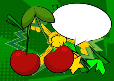 Boş konuşma balonlu Kiraz çizgi filmi, çizgi roman meyve arkaplanı. Retro vektör çizgi romanları pop sanat tasarımı.