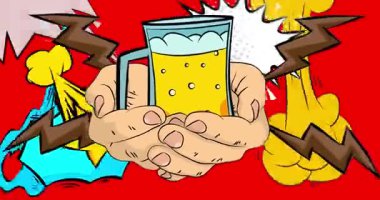 Cartoon, comic book human hands holding beer glass. Retro video, comics pop art animation.