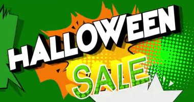 Animated pop art cartoon comic book style Halloween Sale text.