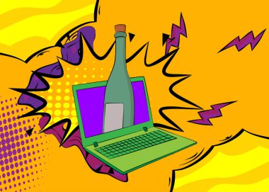 Çizgi dizüstü bilgisayar, cam şişeli çizgi roman defteri. Retro vektör çizgi romanları pop sanat tasarımı.