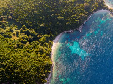 Turkuaz suların havadan görünüşü yemyeşil bir kıyı şeridiyle buluşuyor..