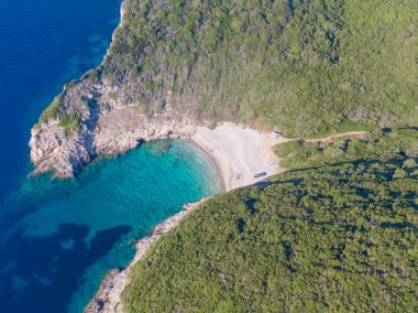 Tenha sahil koyunun havadan görünüşü turkuaz su ve yemyeşil..