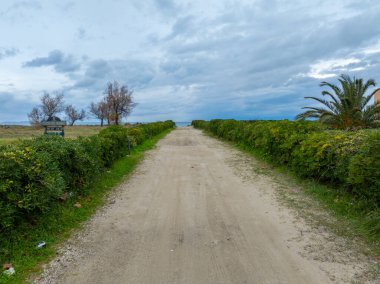 Kumsal yolu bulutlu bir gökyüzünün altında yemyeşil yemyeşil ile çevrili sakin bir deniz manzarasına götürür..